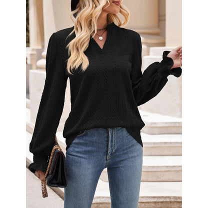 SHIBEVER Tops for Women Fall Casual Long Sleeves Blouses Loose Fit Knit Tunic Tops Trendy V Neck Soild Black T Shirt for Women Size XL