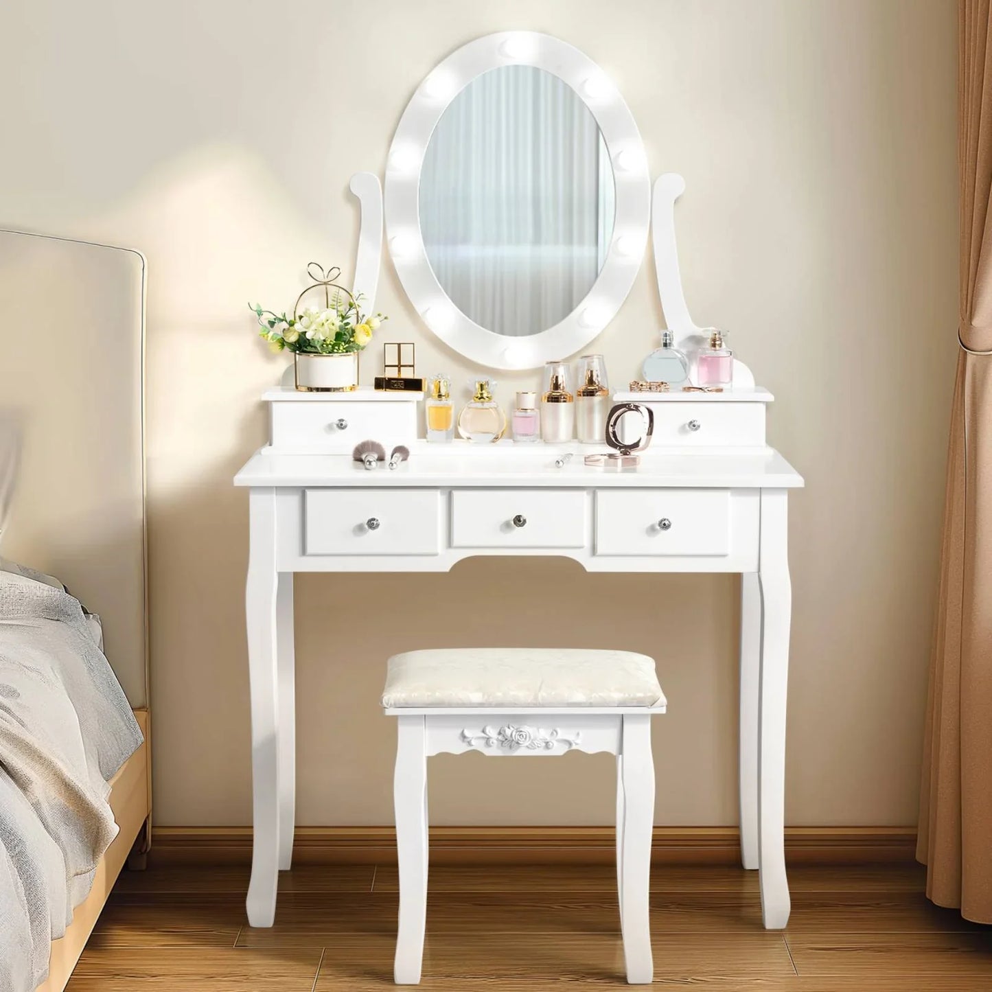 Ktaxon Vanity Table 10 LED Lights, 5 Drawers Makeup Dressing Desk with Cushioned Stool Set,Bedroom Vanities Set White