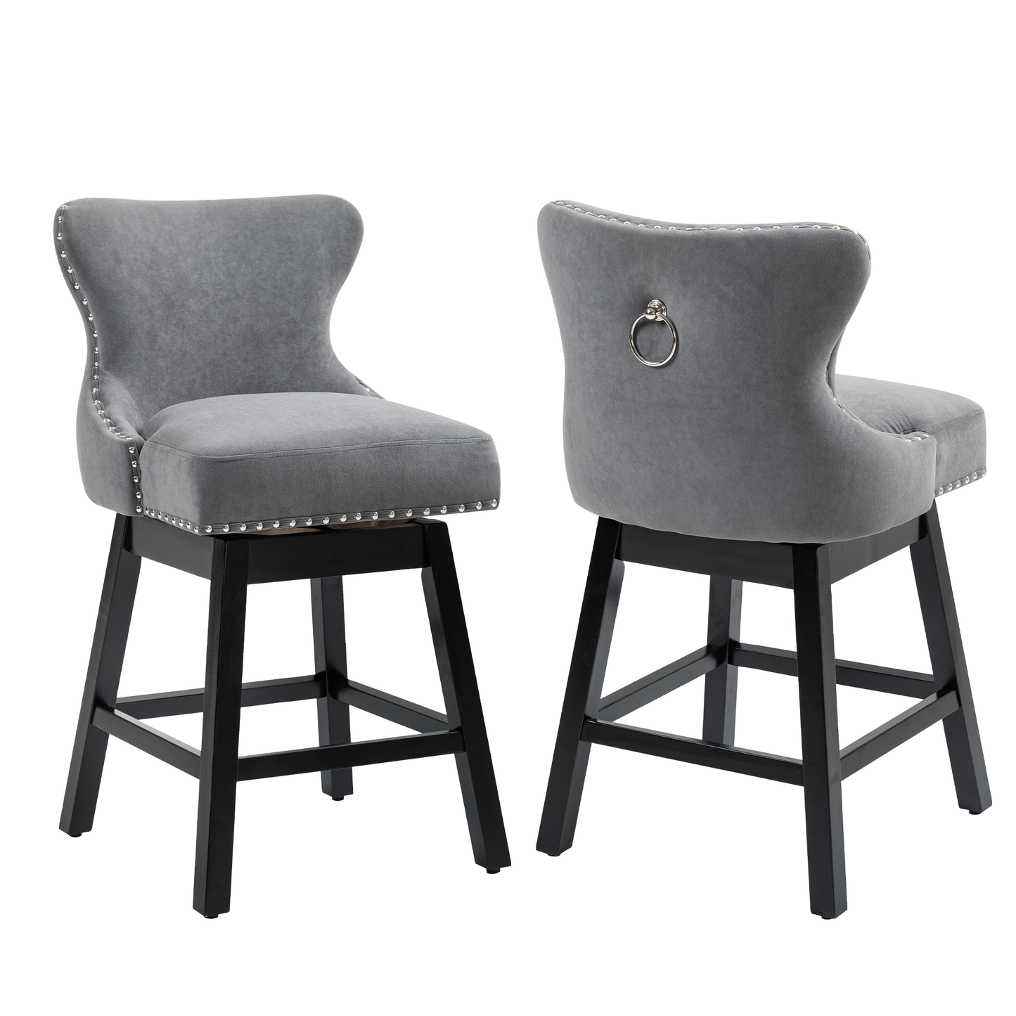 Homhum 360° Swivel Bar Stools Set of 2, Wood Legs and Fabric Island Chairs, Gray