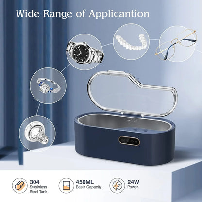 Ultrasonic Jewelry Cleaner Machine, 450ml Ultrasonic Jewelry Cleaner with 4 Time Settings 45KHz, Professional Ultrasonic Cleaner for Jewelry, Glasses, Watches, Silver, Rings, Necklaces, Coins