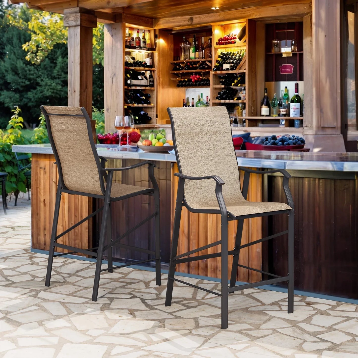 ELPOSUN Patio Bar Stools Set of 2, Outdoor Bar Height Patio Chairs for Backyard, Pool, Garden, Deck with High Back and Armrest, All-Weather Mesh, 300lb Capacity, Khaki