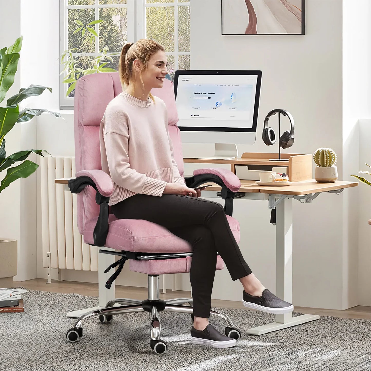 HOMHUM Velvet Executive Chair, Ergonomic Office Chair with Footrest, Plush and Comfy Reclining Desk Chair, Pink