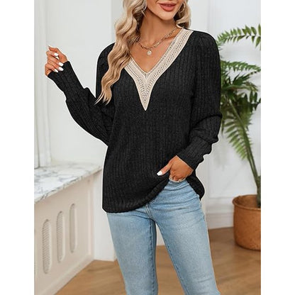 SHIBEVER Womens Tops sweatershirt Long Sleeve V Neck Fall knitwear Eyelet Business Casual 2024 Blouses Smocked Puff clothes BLACK