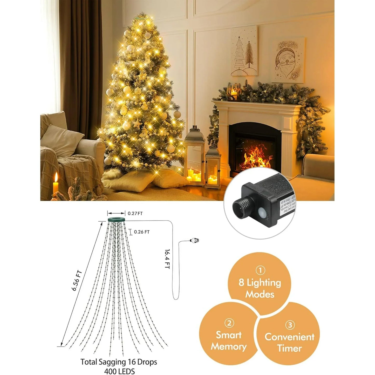 Rohatie Christmas Tree Lights, 6.56FT 400 LED Christmas Lights with 8 Modes & Memory Function Timer Waterproof 16 Lines Christmas Lights Outdoor & Indoor for Christmas Tree Decorations - Warm White