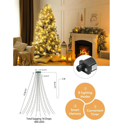 Rohatie Christmas Tree Lights, 6.56FT 400 LED Christmas Lights with 8 Modes & Memory Function Timer Waterproof 16 Lines Christmas Lights Outdoor & Indoor for Christmas Tree Decorations - Warm White