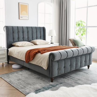 Queen size Regal Chesterfield-Style Tufted Sleigh Bed with Textured Upholstery and Dark Wood-Effect Feet - No Box Spring Required ,Grey