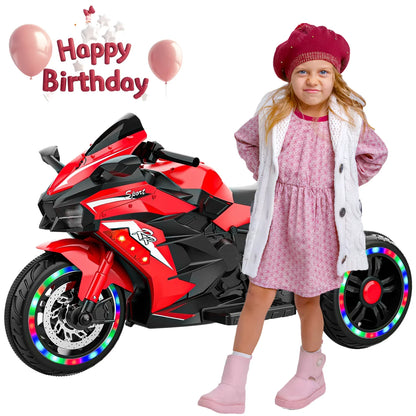 HONGLONG 12V Ride on Motorcycle for Kids,3 Wheels Motorcycle Toys with LED Lights Music Red,Child