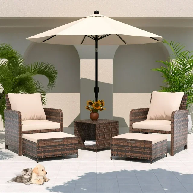 ELPOSUN 5 Piece Patio Furniture Set, Outdoor PE Wicker Chairs for Two with Ottoman Underneath,Beige