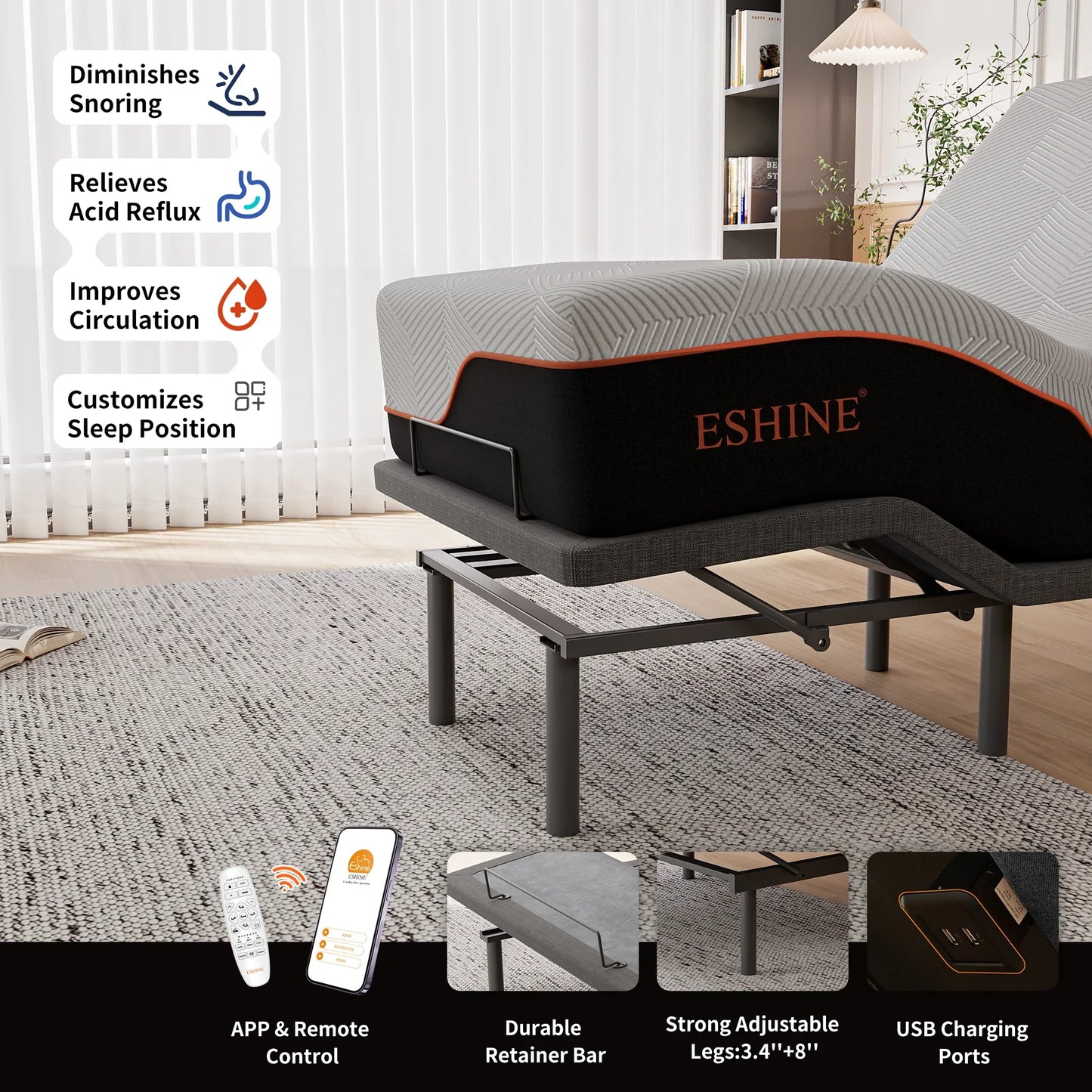 ESHINE Twin XL Adjustable Bed Frame-14 inch Memory Foam Mattress, with Massage, Wireless Remote, USB, Under Bed Light, Head and Foot Incline, Gray