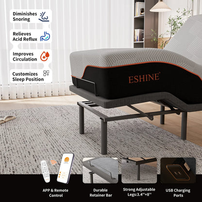 ESHINE Twin XL Adjustable Bed Frame-14 inch Memory Foam Mattress, with Massage, Wireless Remote, USB, Under Bed Light, Head and Foot Incline, Gray