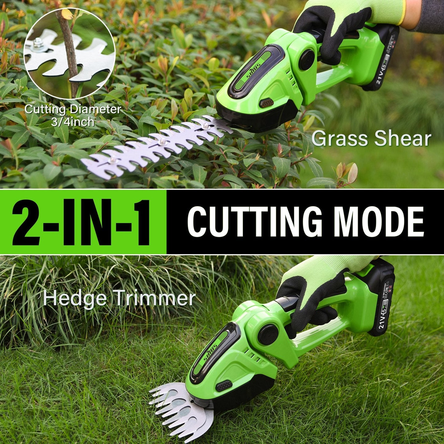 SOYUS Cordless Hedge Trimmer, 21V Electric Handheld Grass Cutter, 2-in-1 Electric Grass Trimmer & Shrubbery Trimmer