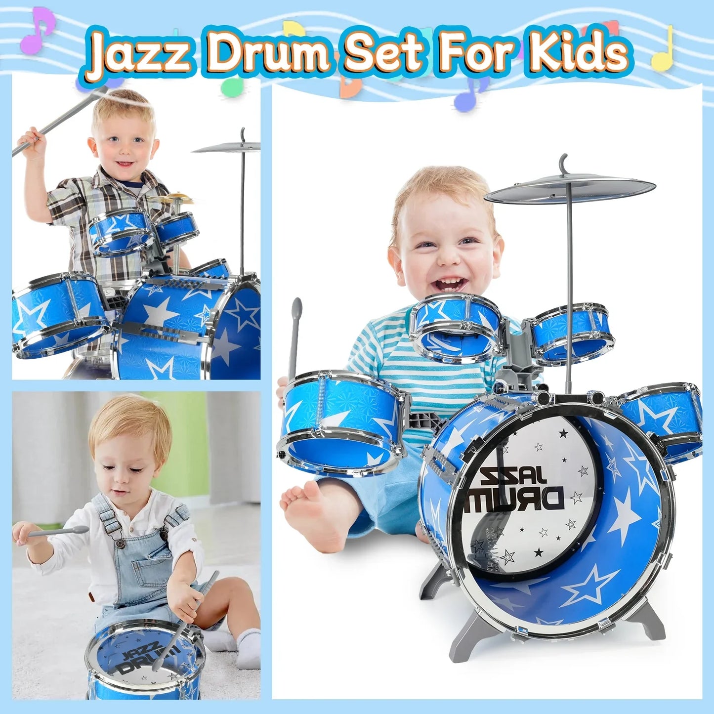 JUGAAD LIFE Kids Drum Set 10-Piece Beginners Jazz Drum Set with Stools, Toddler Toys for Boys Girls Kids 3-14 Years Old