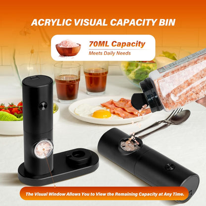 2 Pack Electric Salt and Pepper Grinder Set, Battery Powered - Automatic Salt Pepper Mill Grinder, Adjustable Coarseness, with LED Light, One-Hand Operation for Kitchen BBQ, Black