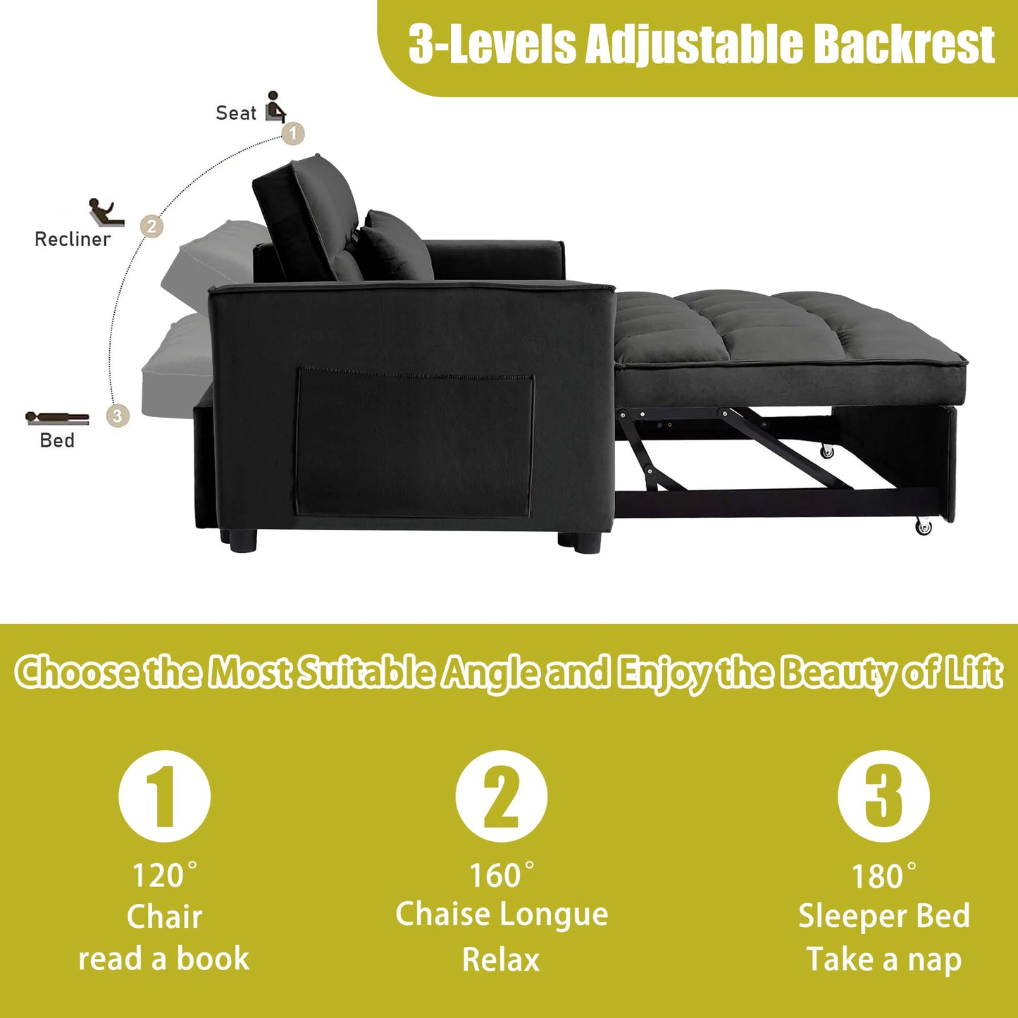 3 in 1 Sleeper ,55" Modern Velvet Convertible Pull Out Bed, Loveseat with 2 Toss Pillows and Adjustable Backrest for ,Black