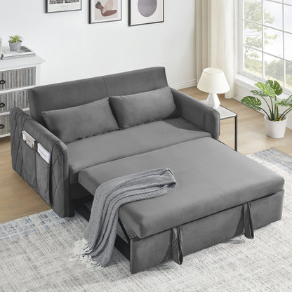 3 in 1 Convertible Sleeper Sofa Bed,55" Modern Velvet Pull Out Sofa Bed with 2 Pillows and 2 Detachable Pockets,Upholstered Loveseat Sofa Couch with Adjustable Backrest for Living Room Office,Gray