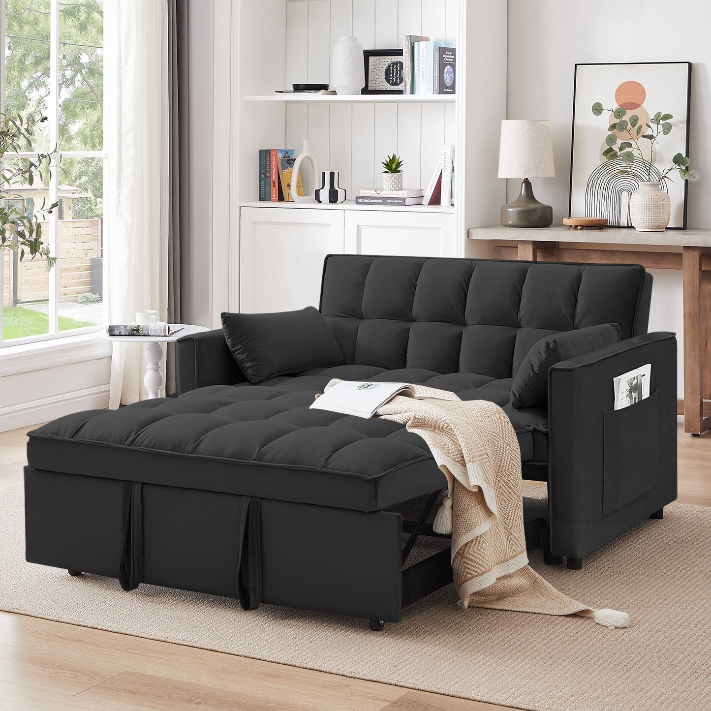 3 in 1 Sleeper ,55" Modern Velvet Convertible Pull Out Bed, Loveseat with 2 Toss Pillows and Adjustable Backrest for ,Black