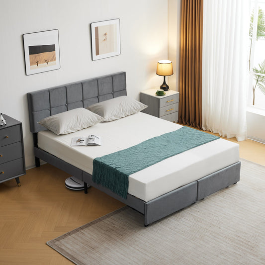 Zimtown Queen Size Platform Bed Frame with 2 Drawers, Fabric Upholstered Headboard, No Box Spring Needed, Gray