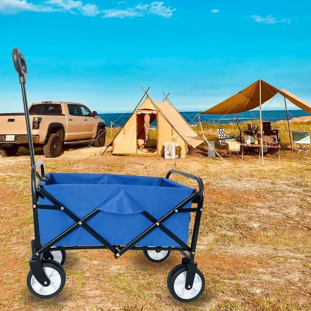 Collapsible Folding Wagon Garden Cart Beach Wagon Grocery Wagon All-Terrain Wheels Garden Grocery Wagon for Shopping Park Picnic, Beach Trip, Outdoor Activities, Camping, Blue