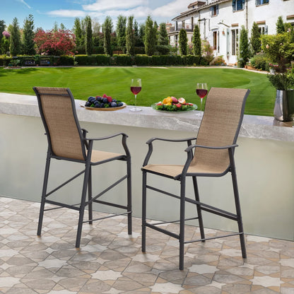 ELPOSUN Patio Bar Stools Set of 2, Outdoor Bar Height Patio Chairs for Backyard, Pool, Garden, Deck with High Back and Armrest, All-Weather Mesh, 300lb Capacity, Khaki