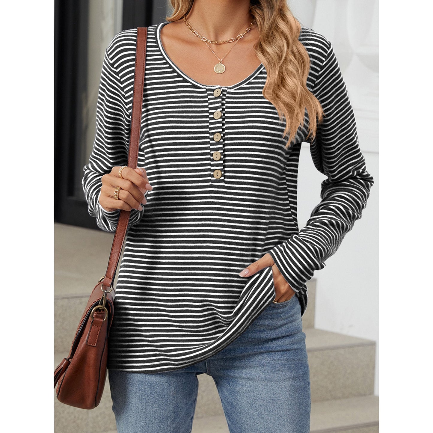 SHIBEVER Women Tops Long Sleeve Stripe Round Neck Shirts Trendy Button Down Color Block Tunic Tops Loose Fit Sweatshirts for Women