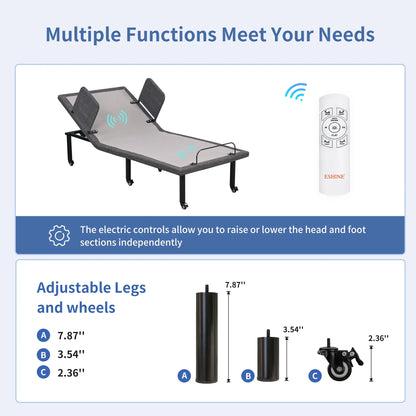 ESHINE Adjustable Bed Frames with 6” Hospital Mattress- Medical Electric Bed with Rails, Adjustable Heights with Wheels, Head and Foot Inclined, Wireless Remote, Gray