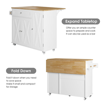 spanspace Kitchen Island Cart on Wheels, 4-Doors 2-Drawers Rolling Storage Cart with Adjustable Shelves & Rubberwood Countertop, White