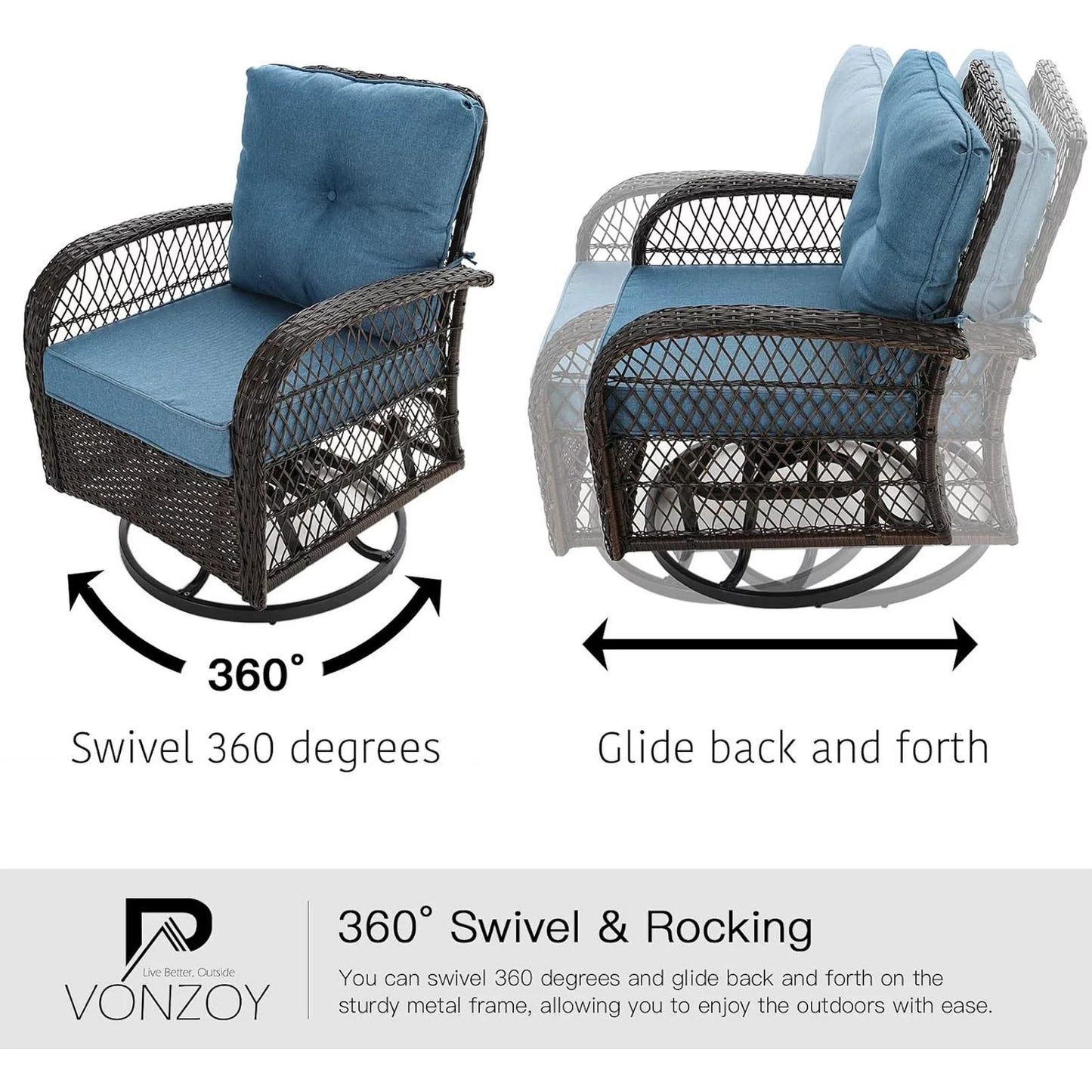 ELPOSUN 3 Pieces Patio Furniture Set, Outdoor Swivel Gliders Rocker, Wicker Patio Bistro Set with Rattan Rocking Chair, Glass Top Side Table and Thickened Cushions for Porch Deck Backyard