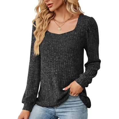 SHIBEVER Fall Sweaters for Women Long Sleeve Shirts Casual Lightweight Square Neck Tops Loose Fit Tunic Pullover Trendy Knit Ribbed Tshirt Size XL