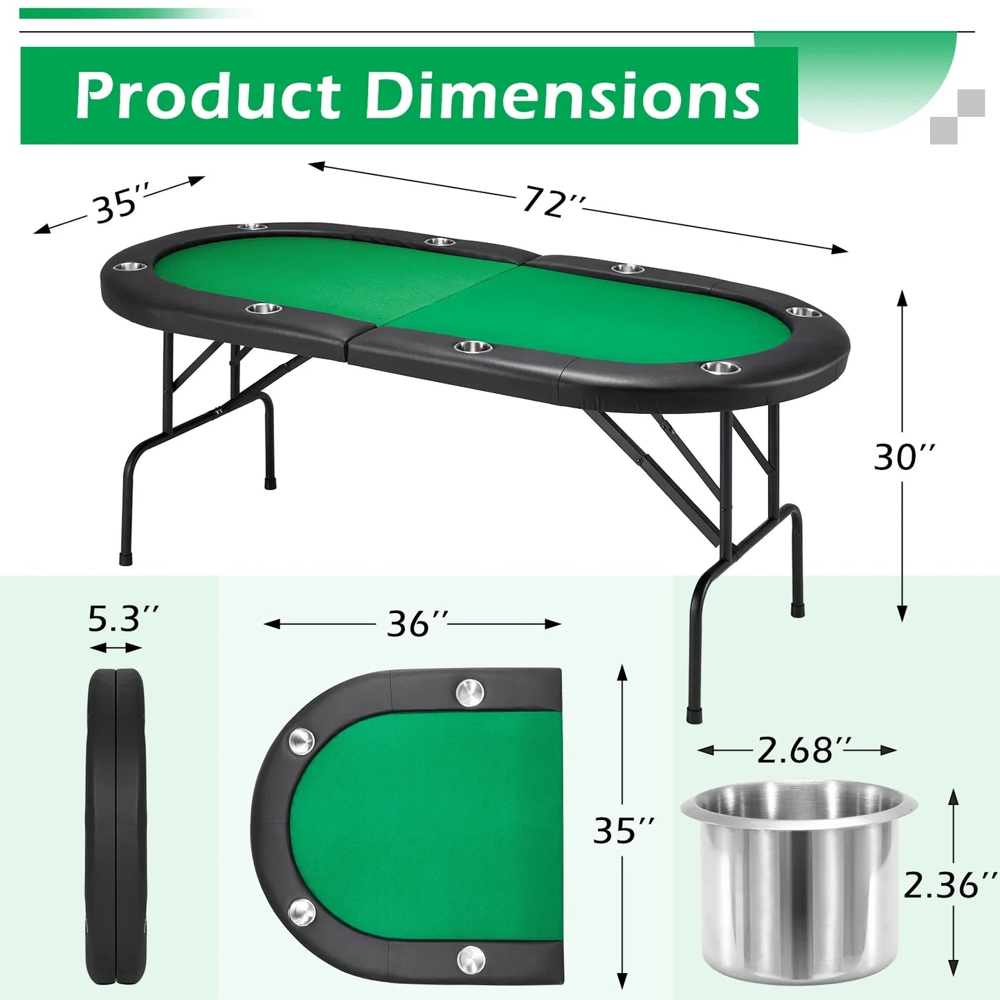 HOMHUM Upgraded Foldable Oval Poker Table for 8 Players w/Storage Bag, No Assembly Required, Green