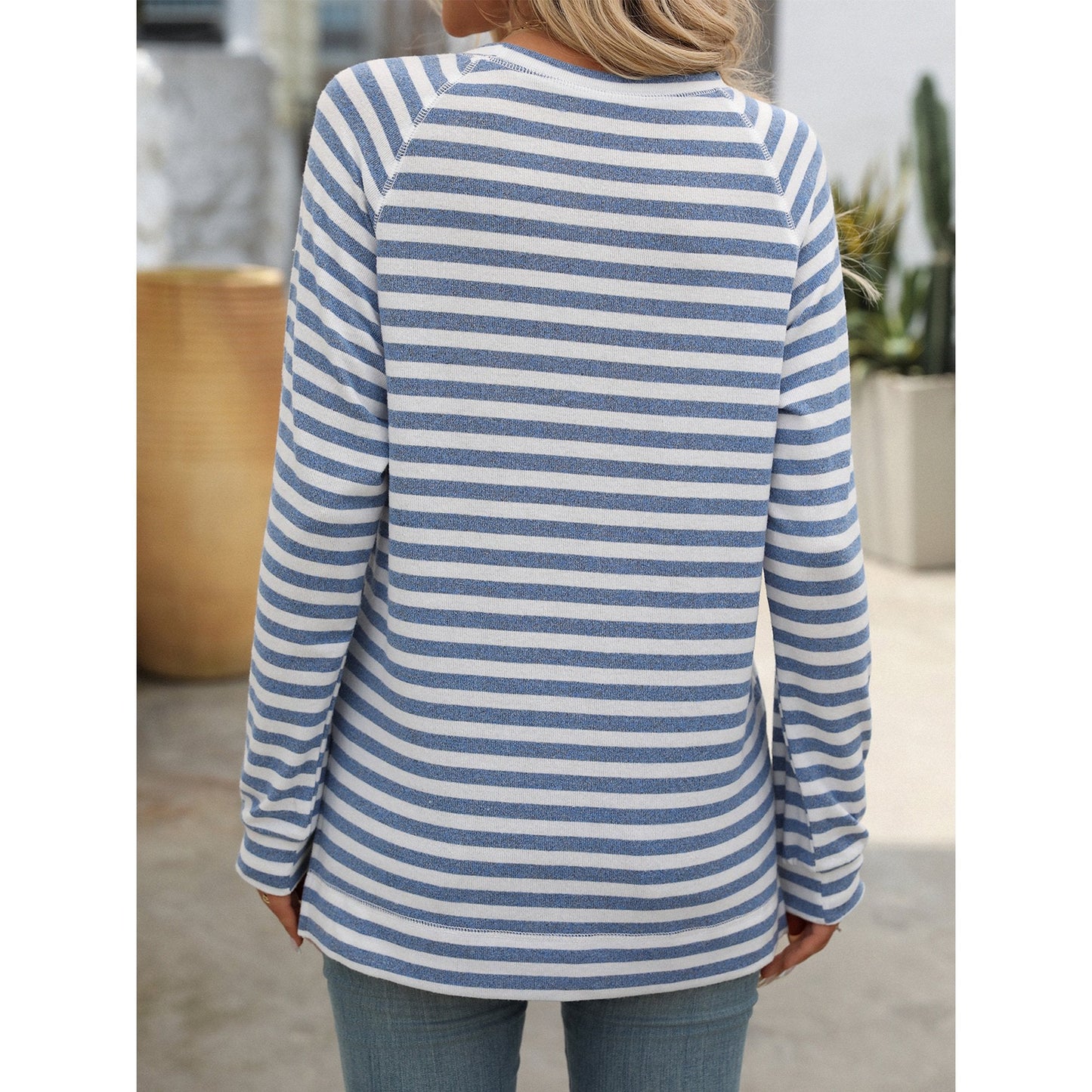 SHIBEVER Women Long Sleeve T Shirts Stripe Tunic Tops Crewneck Side Slit Sweatshirts Color Block Loose Shirts for Women