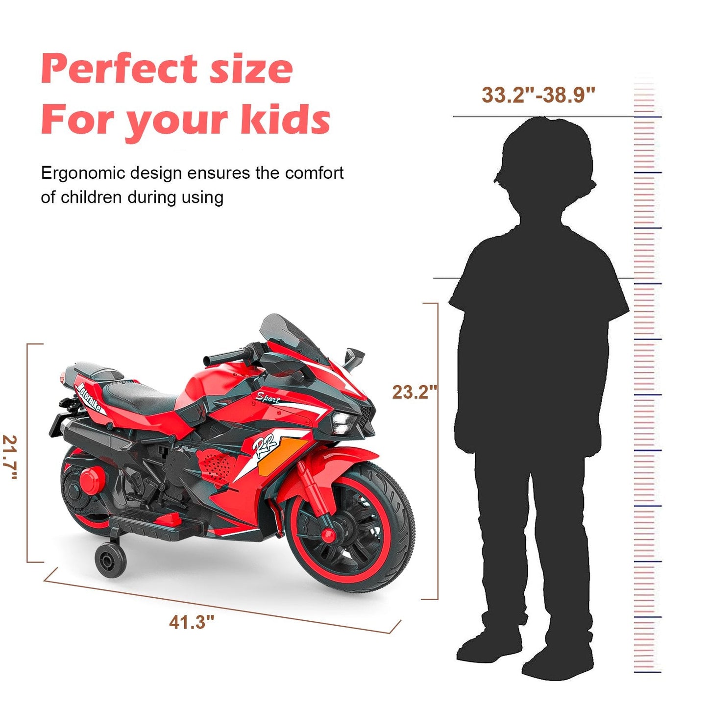 HONGLONG 12V Kids Ride on Motorcycle, 2 Wheels Motorbike for Kids with Training Wheels, Lights, Music Red