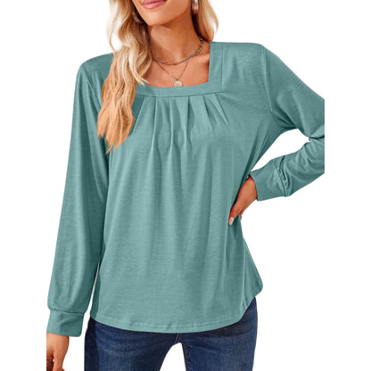 SHIBEVER Women's Long Sleeve Tops Casual Pleated Blouse Loose Fit Square Neck Tunics Trendy Solid Color Green Size XL