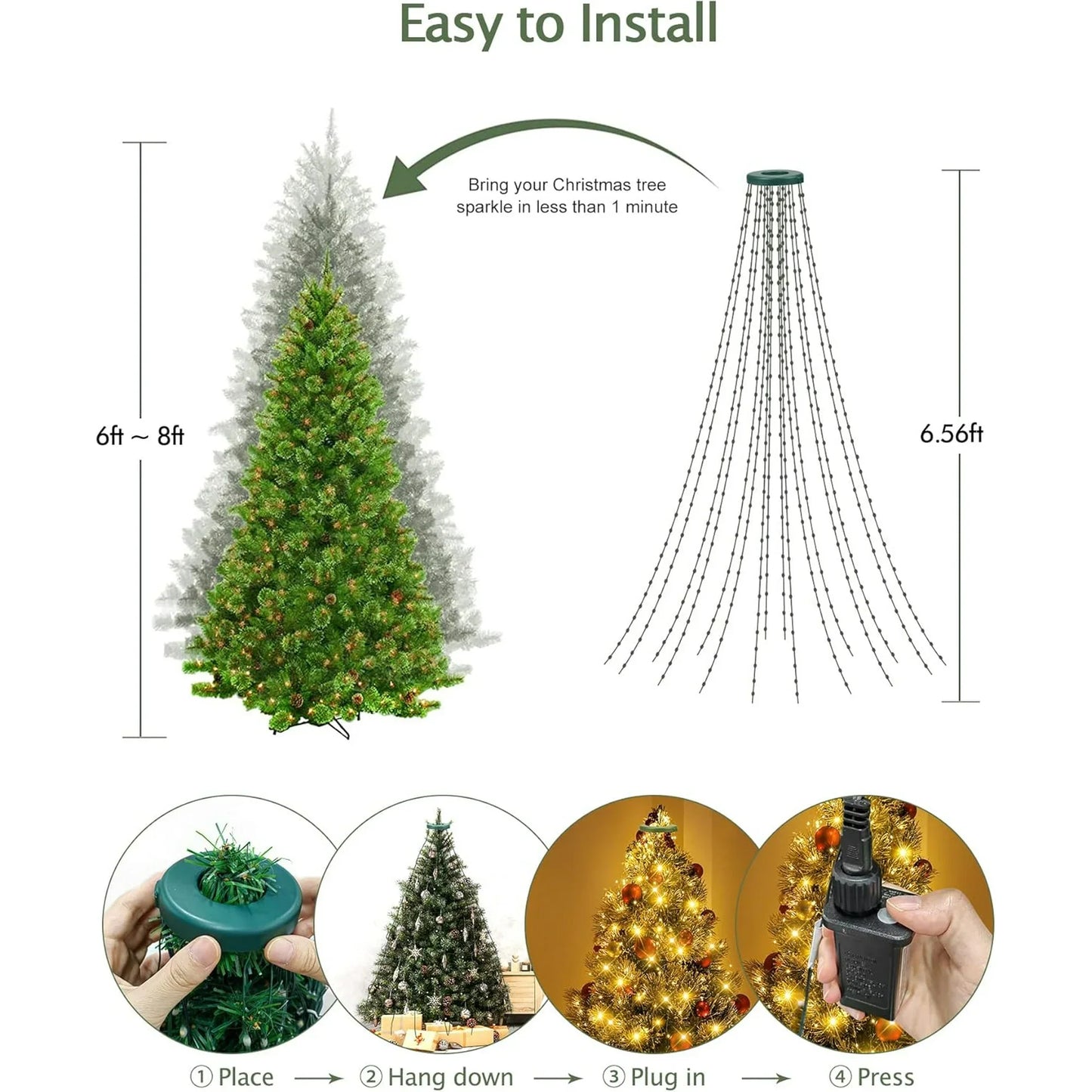 Rohatie Christmas Tree Lights, 6.56FT 400 LED Christmas Lights with 8 Modes & Memory Function Timer Waterproof 16 Lines Christmas Lights Outdoor & Indoor for Christmas Tree Decorations - Warm White