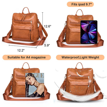 HONGLONG Backpack Purse for Women PU Leather Large Purse Book Bags Fashion Travel Backpack Shoulder Bags Brown