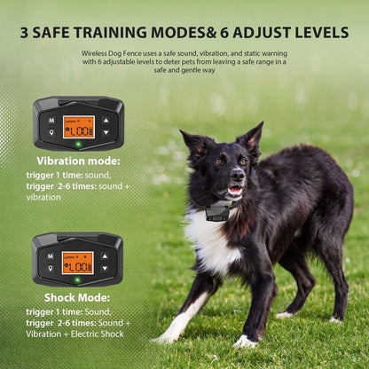 Wireless Dog Fence, Dog Fence Collar with Tone, Vib, Static Warning Modes Outdoor 3000ft, Electric Fence for Dogs with Automatic Fixed Mode Safe to Dogs and Pets