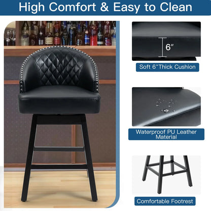 HOMHUM 29" Barstools PU Leather Set of 2, 360° Swivel Counter Stools, Indoor, Dining Room, Black