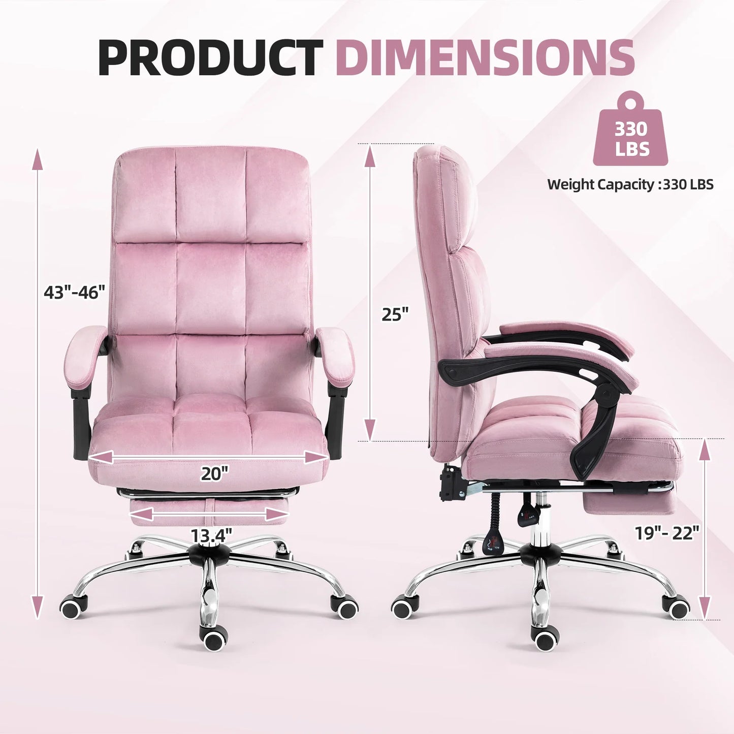 HOMHUM Velvet Executive Chair, Ergonomic Office Chair with Footrest, Plush and Comfy Reclining Desk Chair, Pink