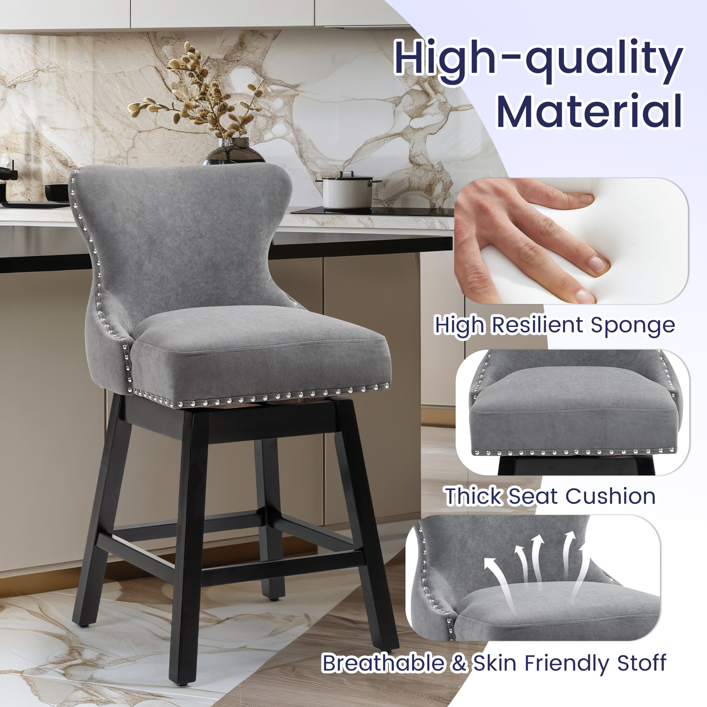 Homhum 360° Swivel Bar Stools Set of 2, Wood Legs and Fabric Island Chairs, Gray