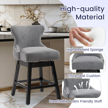 Homhum 360° Swivel Bar Stools Set of 2, Wood Legs and Fabric Island Chairs, Gray