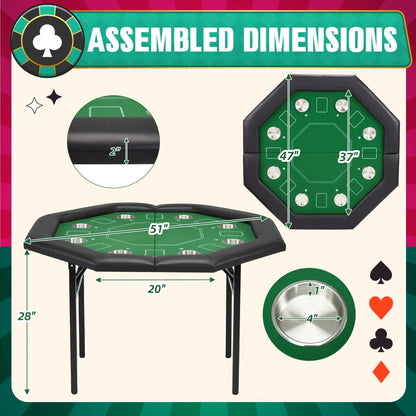 HOMHUM 8-Player Poker Table Foldable, Casino Leisure Gaming Table w/Padded Rails & Stainless Steel Cup Holders, Folding Octagon Texas Holdem Poker Table, Green