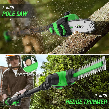 SOYUS 8" Cordless Pole Saw and 18" Pole Hedge Trimmer 2-in-1, Pole Saws for Tree Trimming + 2.0 Ah Battery & Charger