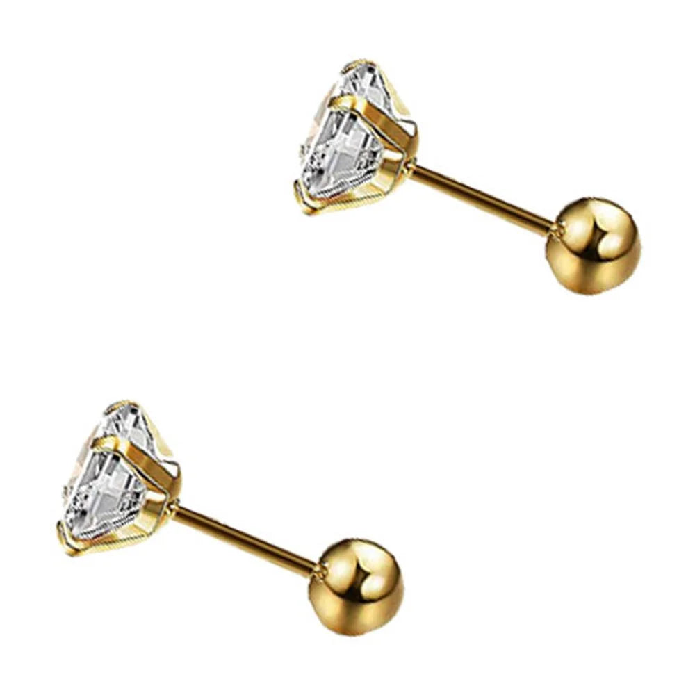 Tiny 5mm CZ Stud Earrings - 14k Gold Hypoallergenic Cubic Zirconia Solitaire Screw Back Stud Earrings Secure Screw On Backs