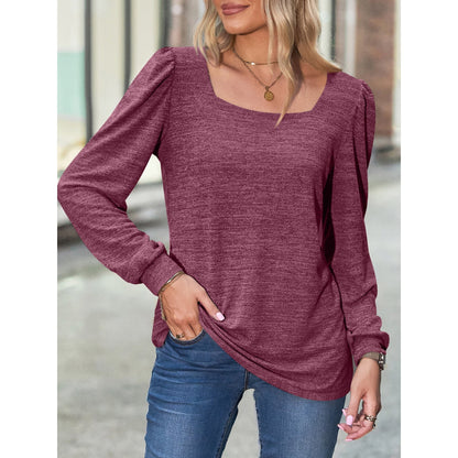 SHIBEVER Women Blouses Fall Casual Long Sleeve Loose Fit Tunic Tops Square Neck Comfy Trendy Winered Soild Color Tshirts for Women Size XL