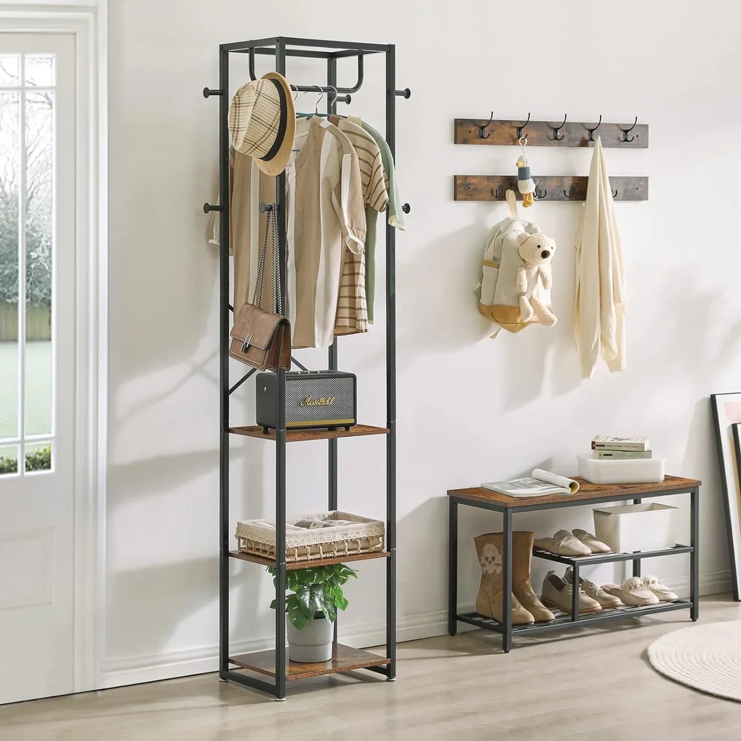 JOZ Coat Rack with Shelves, Freestanding Hall Tree with 3 Shelves and 8 Hooks, Industrial Clothes Stand for Entryway, Hallway, Bedroom, Rustic Brown