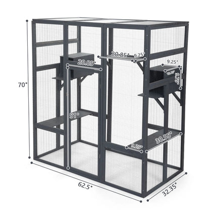 Pefilos 70" Outdoor Cat House for Large Cats, Enclosure Wood Cat Cage with Platforms and Small House, Kitty Catio Condo Playpen, Gray