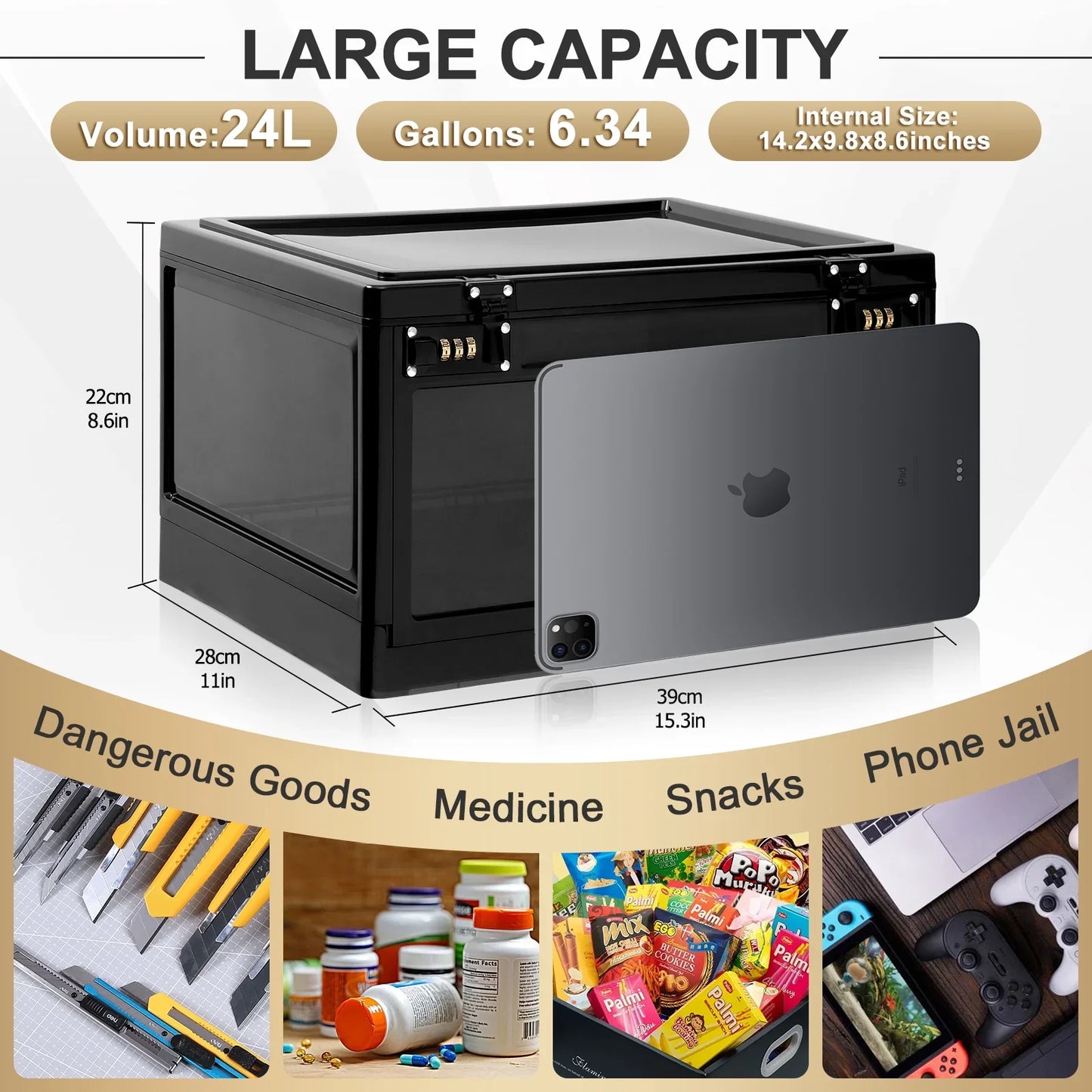 Locbbie Lockable Storage Box, Lock Box for Medicne Safe, Cell Phone Jail for Home/ Office, Single Piece