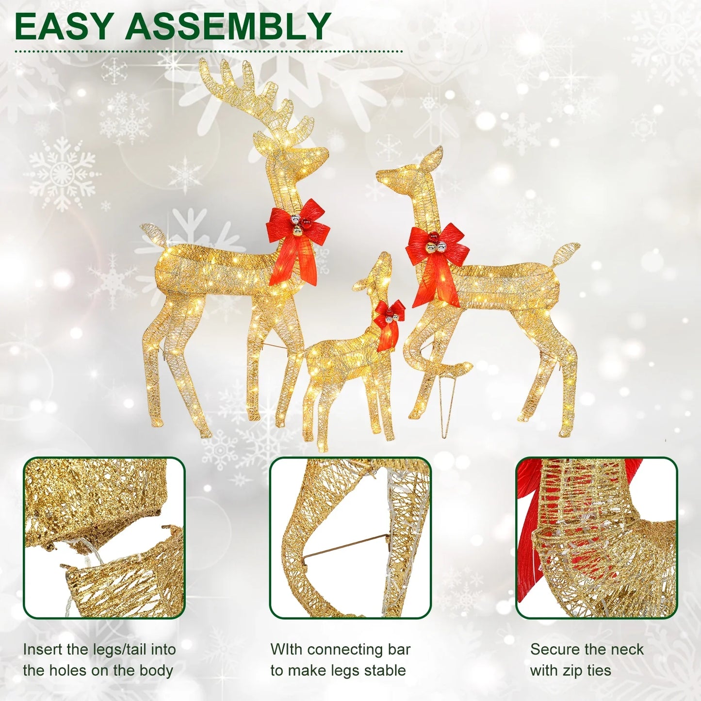 Ktaxon Lighted Christmas 3-Piece Deer Set Outdoor Yard Decoration Set LED Lights, Stakes - Gold