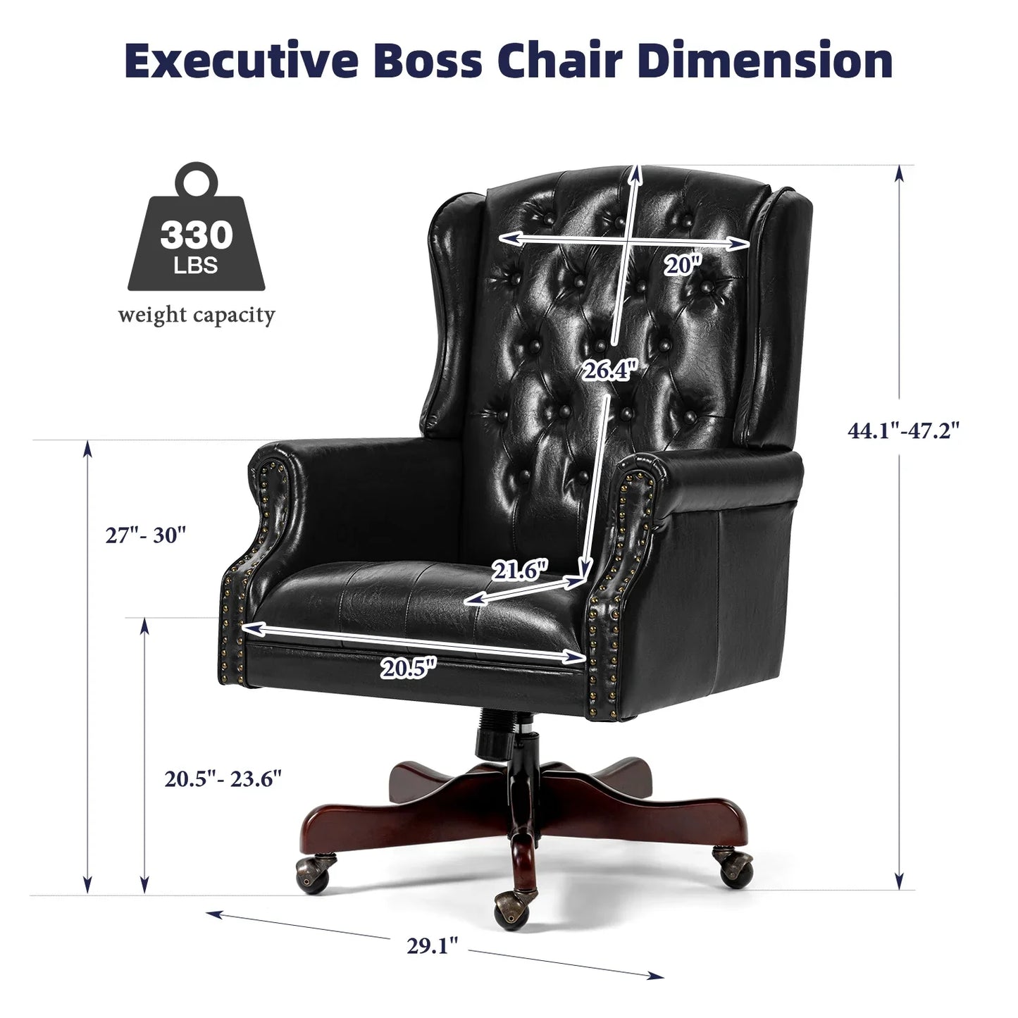 HOMHUM Classic Boss Chair Wingback Traditional Chair High Back Faux Leather Chair Ergonomic Executive Office Chair Swivel Desk Chair, Black