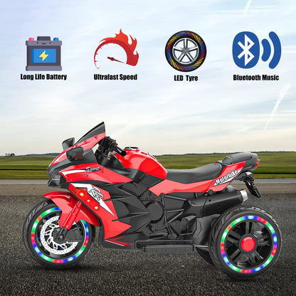 HONGLONG 12V Ride on Motorcycle for Kids,3 Wheels Motorcycle Toys with LED Lights Music Red,Child