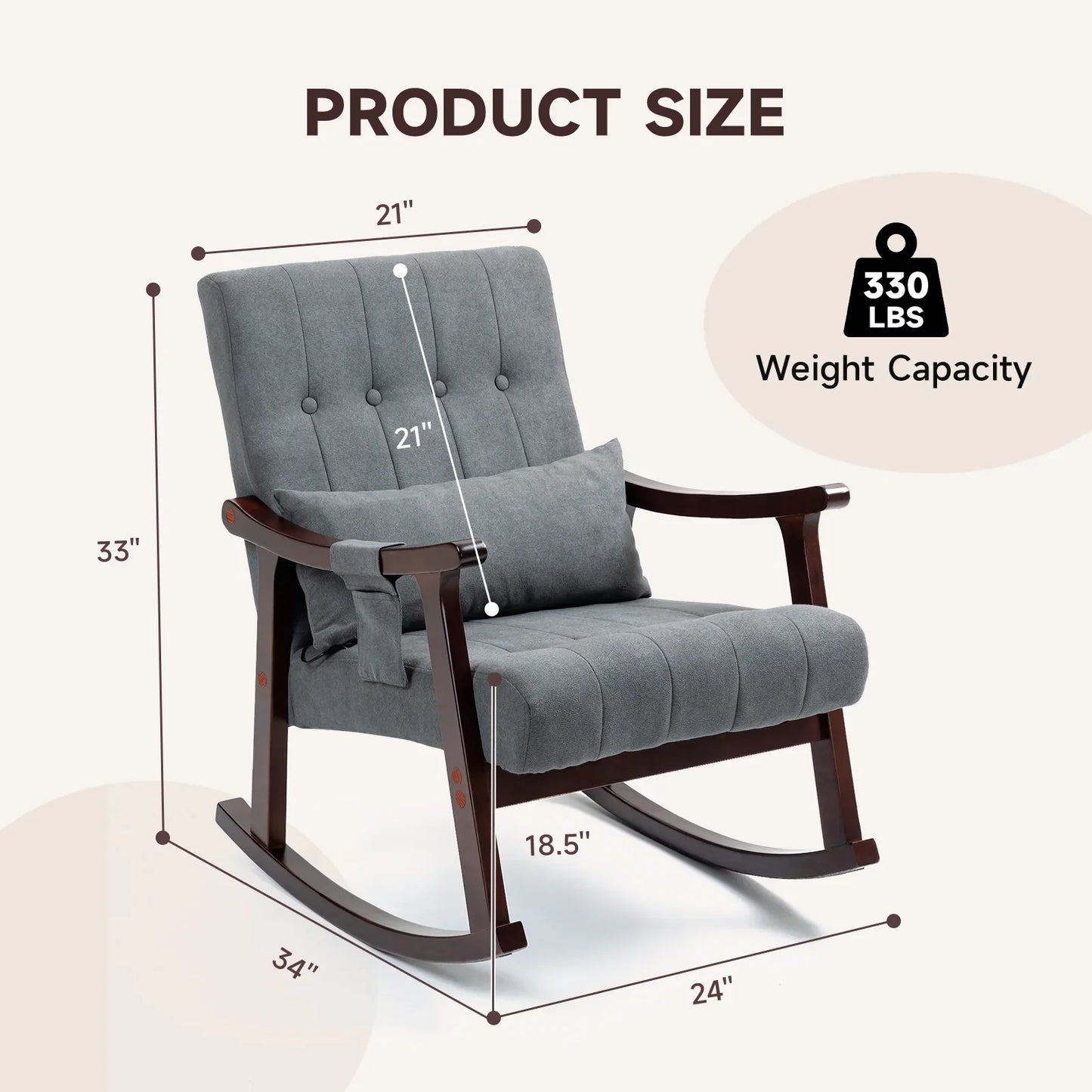 HOMHUM Upholstered Rocking Chair with Massage Lumbar Support, Comfy Rocker Glider Chair for Nursery, Modern High Back Armchair for Living Room, Indoor Chair, Polyester, Dark Gray